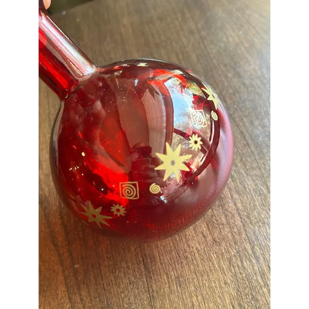 Vintage Spain ruby red glass decanter balloon vase gold gilt detailing